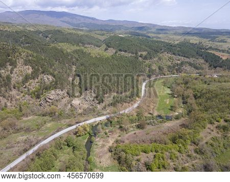Aerial View Of Strumeshnitsa River Passing Through The Petrich Valley, Bulgaria