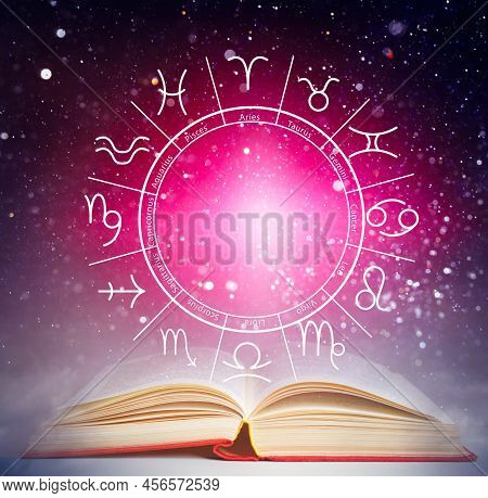 Open Book, Illustration Of Zodiac Wheel With Astrological Signs And Starry Sky At Night