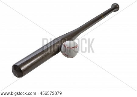 Sport Ideas. Full Length Closeup Of Brown Wooden Baseball American Bat Along With Leather Ball Place
