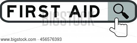 Search Banner In Word First Aid With Hand Over Magnifier Icon On White Background