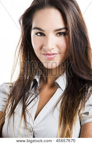 Porttrait de uma mulher de negócios bonito, isolada no fundo branco