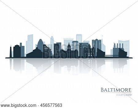 Baltimore Skyline Silhouette With Reflection. Landscape Baltimore, Maryland. Vector Illustration.