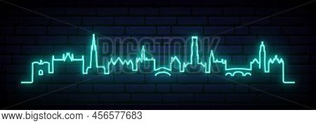 Blue Neon Skyline Of Bruges. Bright Bruges City Long Banner. Vector Illustration.