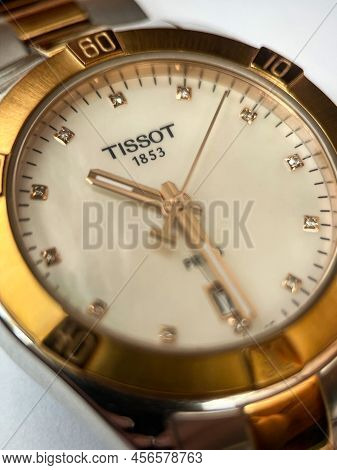 Poznan, Poland - 06.12.2022: Tissot Watch With Sapphire Crystal And Metal Bracelet Close-up. Macro V