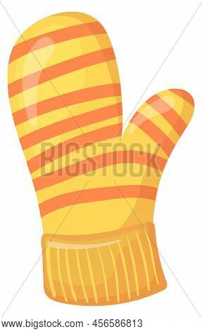 Warm Striped Mitten. Knitten Wool Cartoon Icon Isolated On White Background