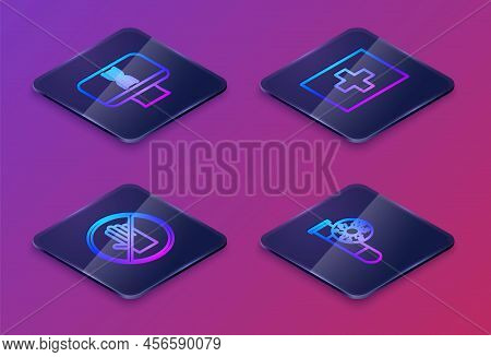 Set Isometric Line Dna Spiral And Computer, No Handshake, First Aid Kit And Test Tube With Virus. Bl