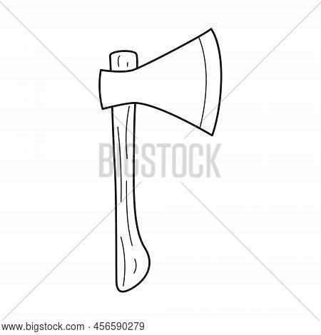 Doodle Axe. Carpentry Tools, Camping Equipment, Logging. Outline Hand-drawn Black And White Vector I