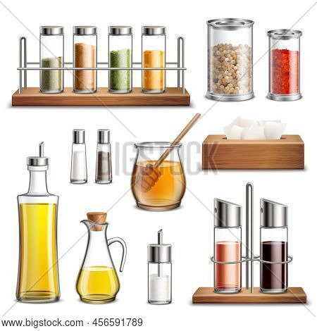 Kitchen Herbs And Spices Rack Cooking Oil Carafe Bottle Sugar Dispenser And Honey Jar Realistic Set 