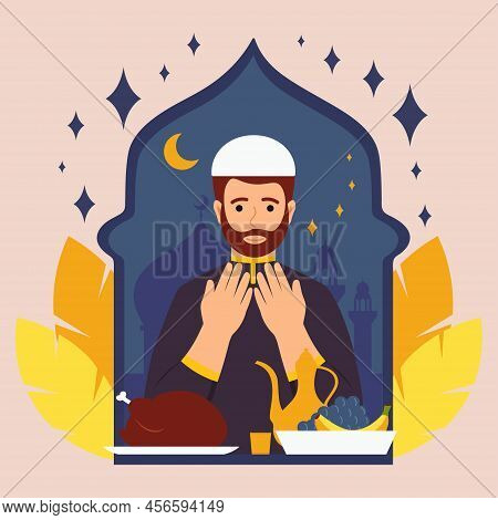 Muslim Man Praying Before Iftar Islam Vector Illustration In Flat Style