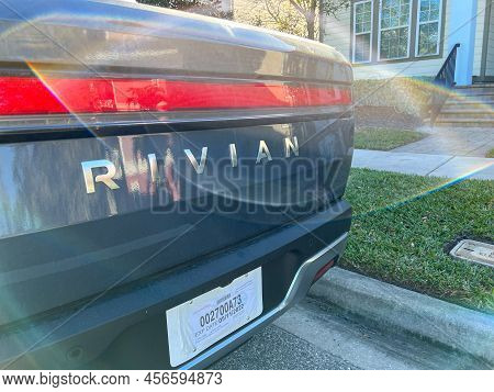 A Rivian Ev Truck Parked In A Neighborhood In Orlando, Florida.