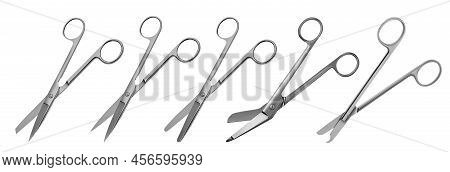 Set Of Surgical Articulated Scissors With Various Blade Shapes And Different Purposes. Vector Illust