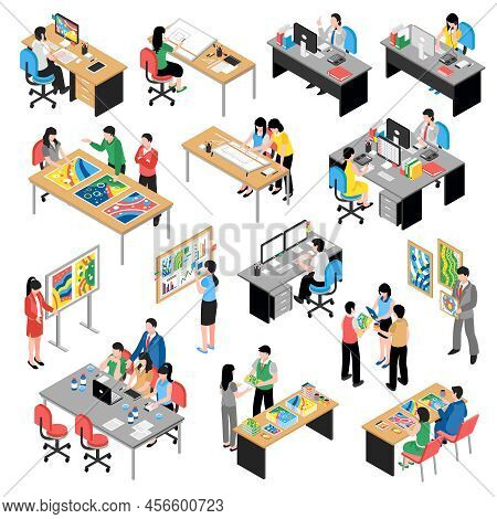 Development Company Office Isometric Icons Collection With Teamwork Planning Modernization Designing