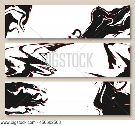 Grunge Banner Ink Smear Graphic Liquid Flat Set. Dry Smoke Textured Grunge Banner Greeting Card Ad B