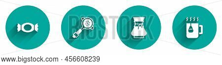 Set Candy, Coffee Filter Holder, Pour Over Coffee Maker And Cup Tea With Bag Icon With Long Shadow. 