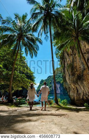 Koh Lao Lading Near Koh Hong Krabi Thailand, Beautiful Beach With Longtail Boats, A Couple Of Europe