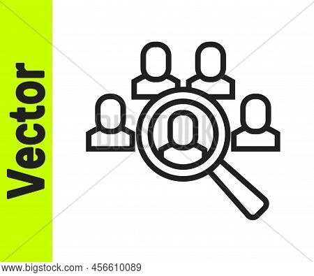 Black Line Magnifying Glass For Search Job Icon Isolated On White Background. Recruitment Or Selecti