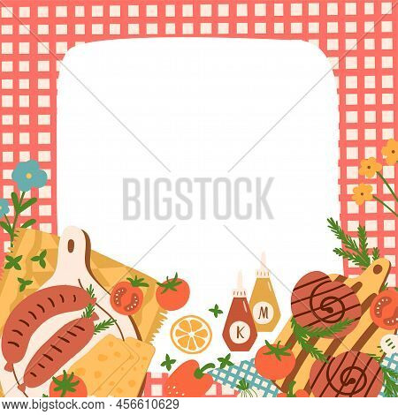 Picnic Party Poster. Summer Picnic Party Frame With Picnic Basket, Red Blanket, Picnic Food, Pizza, 