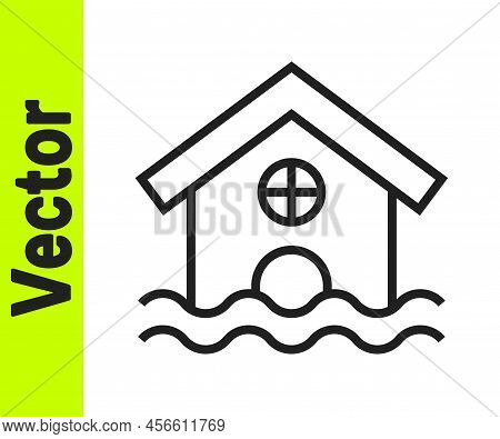 Black Line House Flood Icon Isolated On White Background. Home Flooding Under Water. Insurance Conce
