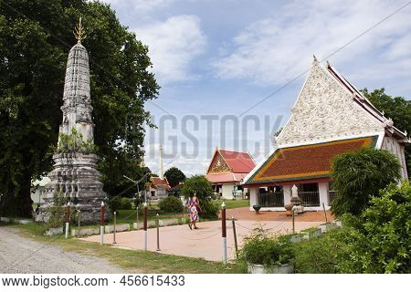 Ancient Architecture Building Ubosot Church And Antique Ruin Stupa Chedi For Thai People Travel Visi