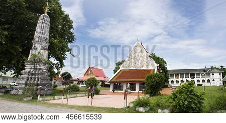 Ancient Architecture Building Ubosot Church And Antique Ruin Stupa Chedi For Thai People Travel Visi