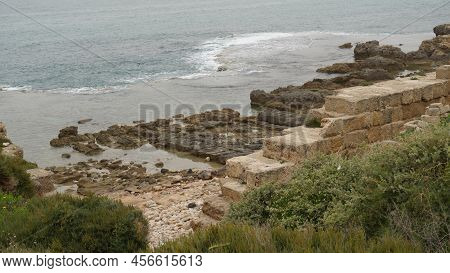 The Ruins Of The Ancient Biblical, Phoenician, Israelite And Roman Port Of Dor. Famous Historical Ar