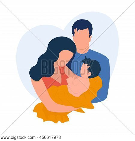 Happy New Parents Holding Baby. Young Mom And Dad, New Born Child Flat Vector Illustration. Having B