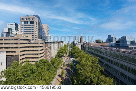 Rotterdam, The Netherlands - June, 2022: View Of The Coolsingel Main Road In Rotterdam, High Up, Tre
