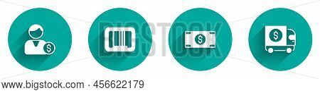 Set Buyer, Barcode, Stacks Paper Money Cash And Armored Truck Icon With Long Shadow. Vector
