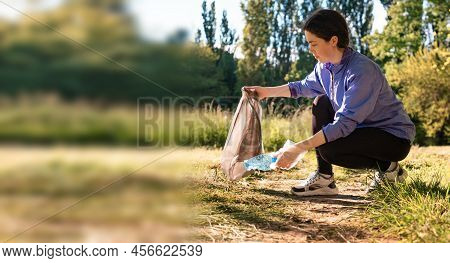 Plogging Banner With Copy Space. Woman In Sportswear Jogging At The Forest, Holding A Bag Of Garbage