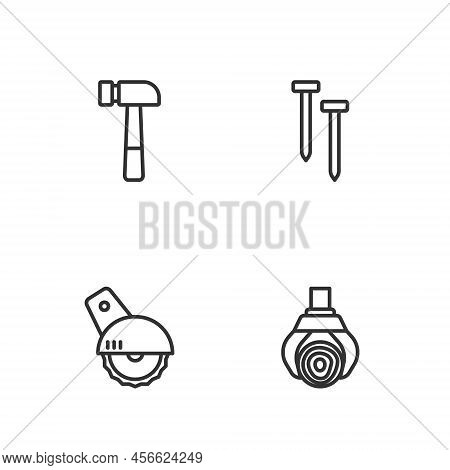 Set Line Grapple Crane Grabbed A Log, Electric Circular Saw, Hammer And Metallic Nails Icon. Vector