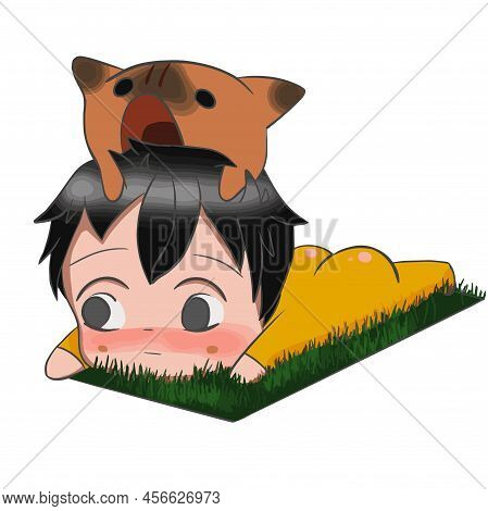 Cute Girl Running With Cat, Anime Manga Design Vector Illustration