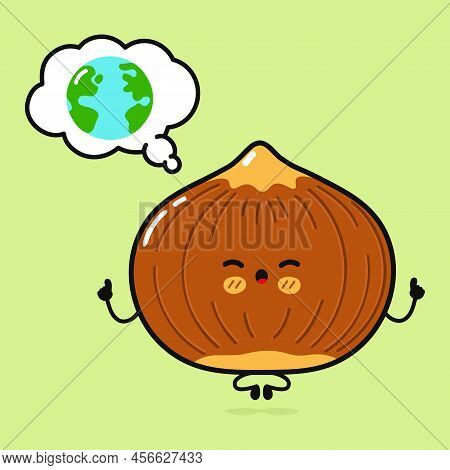 Cute Funny Hazelnut Doing Yoga With Speech Bubble. Vector Hand Drawn Cartoon Kawaii Character Illust