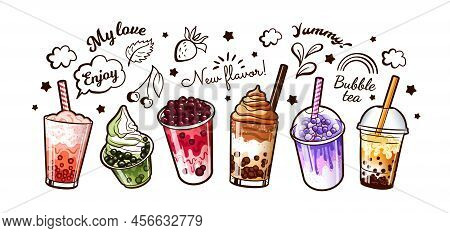 Bubble Tea, Coffee Drink. Doodle Cup Of Ice Milk, Milkshake With Fruits, Cartoon Beverages, Cute Caf