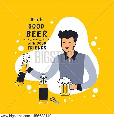 Man Cheers Drink. Hipster Character Drinking Beer. Wheat Craft Alcohol Foam Beverage. Hands With Ale