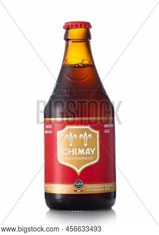 London,uk - June 01, 2022: Bottle Of Chimay Brown Ale Belgium Beer On White.