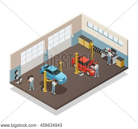 Car Repair Maintenance Autoservice Station Isometric View Interior With Auto Mechanic Team With 2 Ve