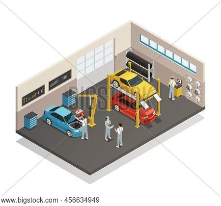 Car Repair Maintenance Autoservice Center Garage  Isometric View Interior With Mechanics Testing Lif