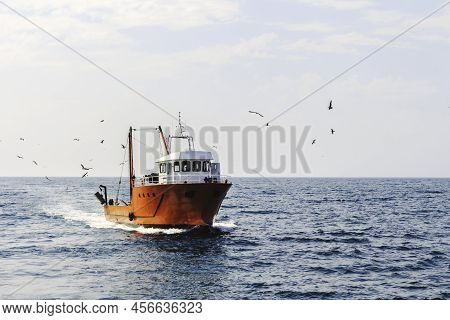 A Blue Cutter With A Flock Of Seagulls On The North Sea In The Sun With Wind Generators In The Backg