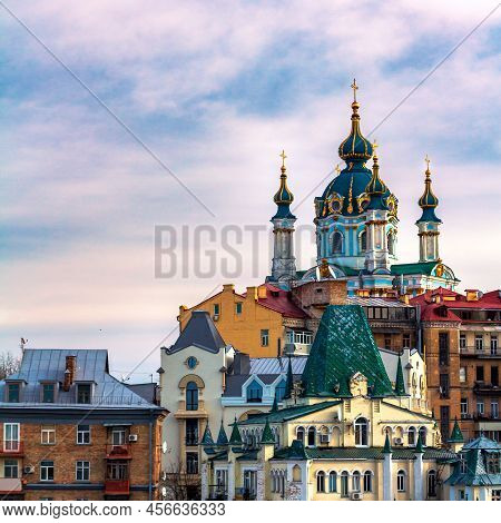 Saint Andrew Church And Old Buildings On The Hill In Kyiv, Ukraine
