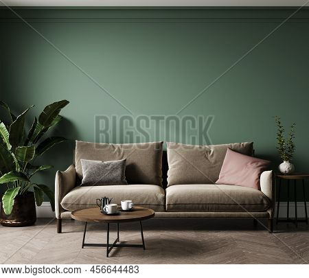 Home Interior Mock-up With Broen Sofa, Table And Decor In Green Living Room, 3d Render