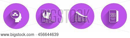 Set Gold Bars, Molten Gold Being Poured, Falling Arrow With And 24k Icon With Long Shadow. Vector