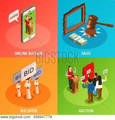 Auction Isometric 2x2 Design Concept With Images Of Human Hands Holding Auction Paddles And Smartpho