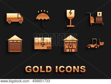 Set Cardboard Box With Traffic Symbol, Electric Hand Truck And Boxes, Forklift, Warehouse, Closed Wa