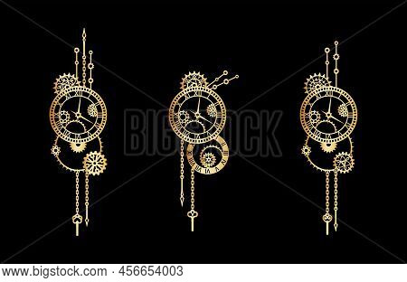 Set Of Golden Clocks With Gears, Cogwheels, Chains And Windup Keys On A White Background. Mechanism.