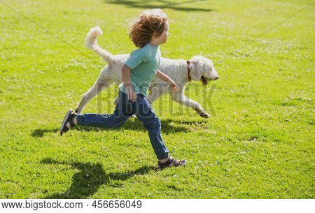 Child Runnin With A Dog In Park. Kid With A Puppy Dog Outdoor Playing At Backyard Lawn.