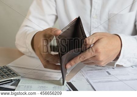 Stressed, Problem Business Person Man, Male Holding And Open An Empty Wallet Not Have Money, Credit 