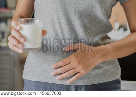 Pain, Allergy Young Asian Woman, Girl Hand In Belly Suffer After Drink Glass Of Milk, Unhappy And Ba
