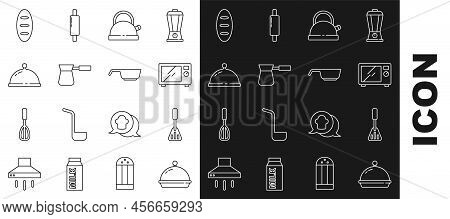 Set Line Covered With Tray Of Food, Spatula, Microwave Oven, Kettle Handle, Coffee Turk, Bread Loaf 