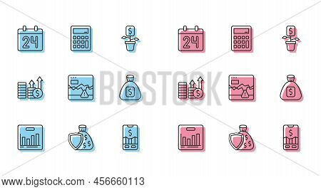 Set Line Pie Chart Infographic, Shield And Money Bag, Calendar, Mobile Stock Trading, Failure Stocks