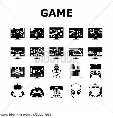 Video Game Electronic And Device Icons Set Vector. Racing Simulator And Simulation, Action Adventure